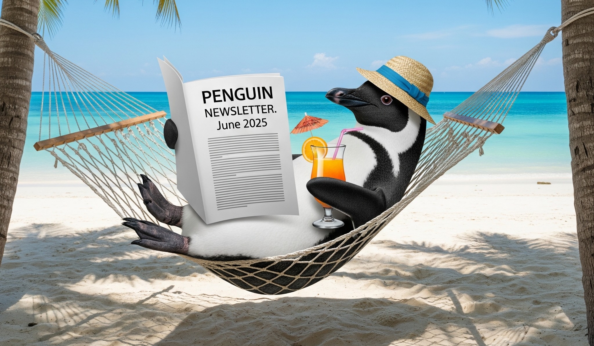 A penguin reading a newsletter in beach about PENGUIN project
